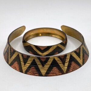 Vintage Copper & Brass Zigzag Pattern Collar & Bangle Bracelet Jewelry Set